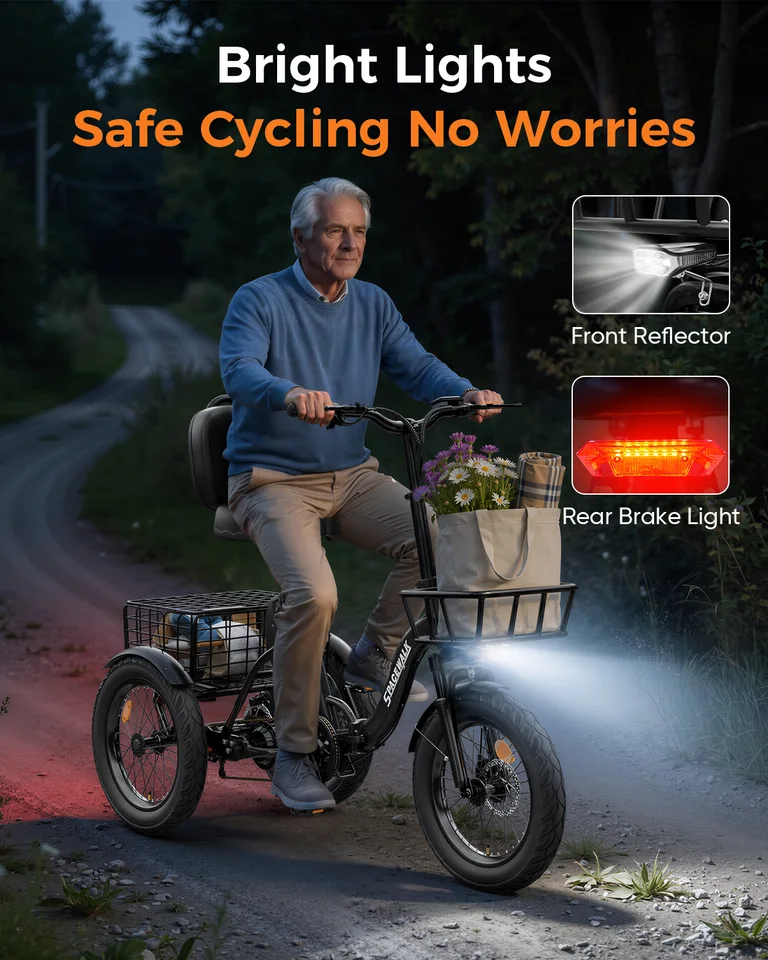 Spacewalk 1200W Peak Electric Trike for Adults, 48V 15Ah Battery 3 Wheel Electric Bike with 18"x3.0 Fat Tires, 60 Miles Range, Folding Cargo E-Bike with Wide Comfort Seat & Basket for Seniors-Black image 9