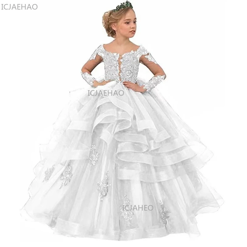 Lace Long Sleeve Princess Dress Wedding Flower Girl Gown Performance Ball Party  With Long Train Pageant Formal Evening Clothes