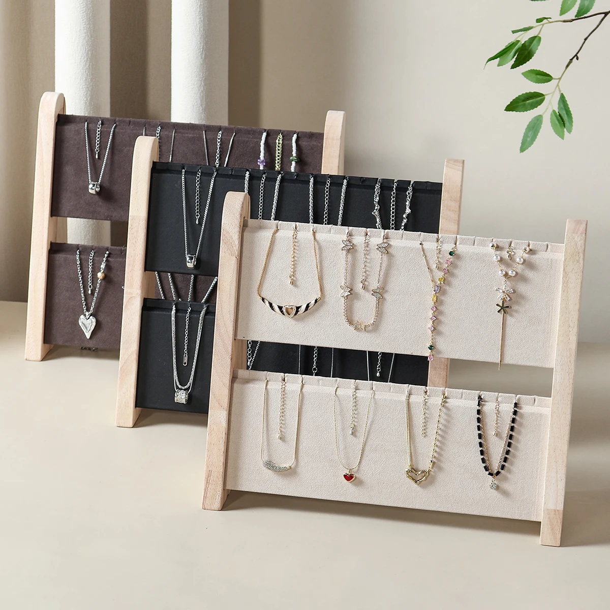 Foldable 2-Tier Sloped Wood Jewelry Display Stand – Necklace/Pendant/Bracelet Organizer with Rack & Tray (Easy Storage)