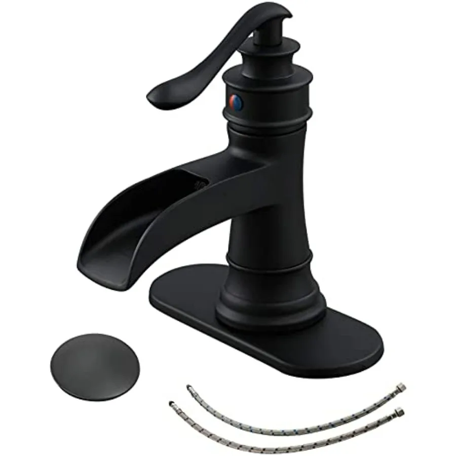 

Waterfall Bathroom Faucet Matte Black Sink Mixer Tap with Pop Up Drain Single Handle Deck Plate for 1 or 3 Hole Vanity Farmhous