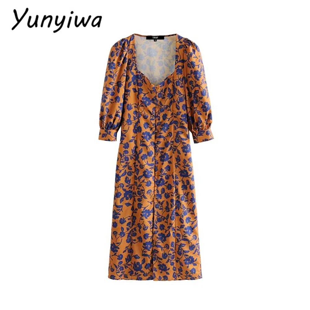 

Women Stylish Deep V Neck Floral Print Midi Dress Vintage Fashion Three Quarter Sleeve Side Zipper Dresses Vestidos Mujer