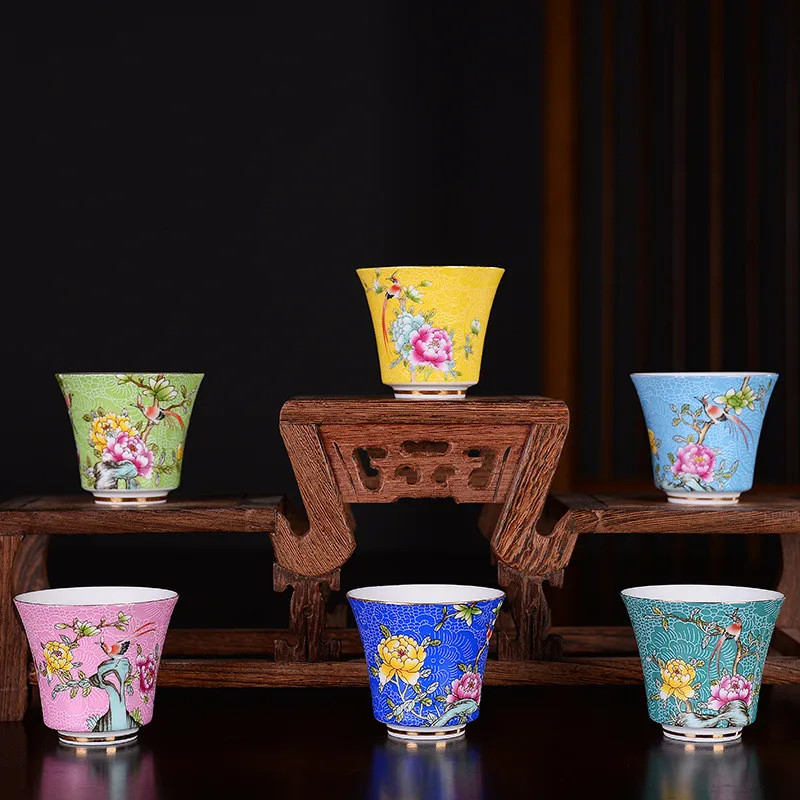 Gold Silver Cloisonne Enamel Ceramic Tea Cup Chinese Kung Fu Master Single Bowl Gift Box Home Use Drinkware Table