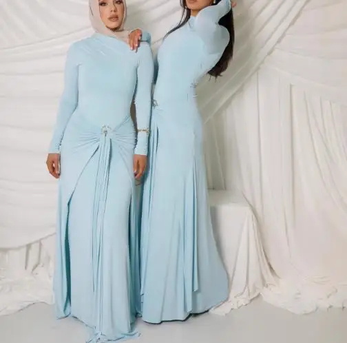 가을 신상 여성용 연한 파란색 긴소매 맥시 드레스 트위스트 매듭 디테일과 플리츠 디자인 슬림 핏 우아한 롱 스커트