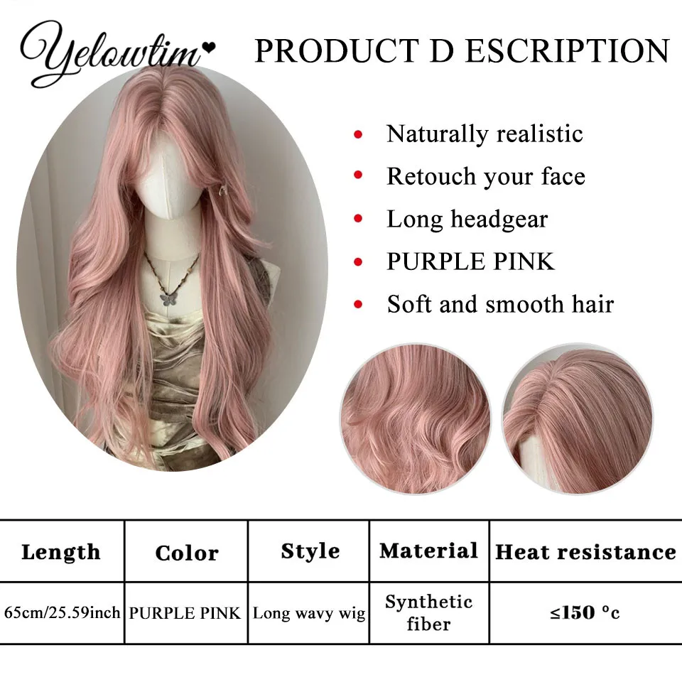 YELOWTIM Black Pink Highlight Long Wavy Synthetic Wigs with Bangs Cosplay Hairs Wig for Women Daily Natural Heat Resistant