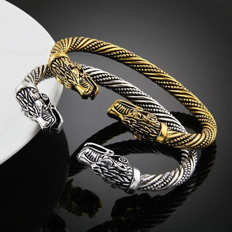 Classic Animal Viking Double Wolf Head bracciale regolabile da uomo bracciale in acciaio inossidabile Fashion Double Snake Heads Jewelry Gift