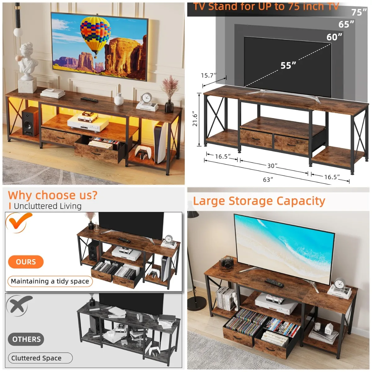 

TV Stand for 65-75' TV with Fabric Drawers - Rustic Brown Industrial Console Table