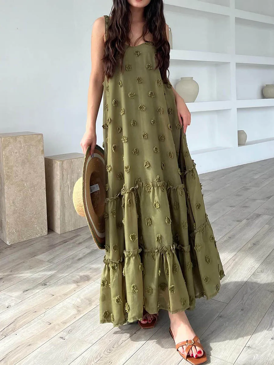 Women Beach Long Cami Dress Summer 3D Flower Sleeveless Frill Tiered Flowy A-Line Dresses for Vacation Party Boho Loose Sundress