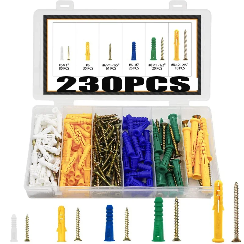232PCS Kunststoff selbstbohrende gerippte Trockenbau- und Wandankern mit Schraubensatz Wandstecker Anker Expansionsbolzen Rohrsäule – Detail 2