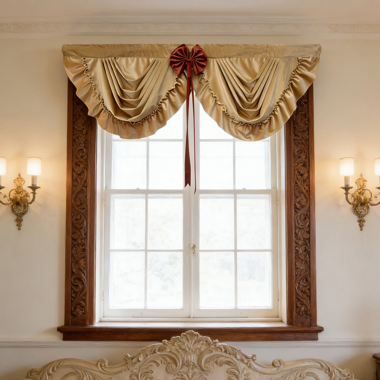 Luxury European Velvet Wave Swag Curtain Valance with Bow Ruffled Design , Brown/Burgundy Waterfall Curtains for Living Room