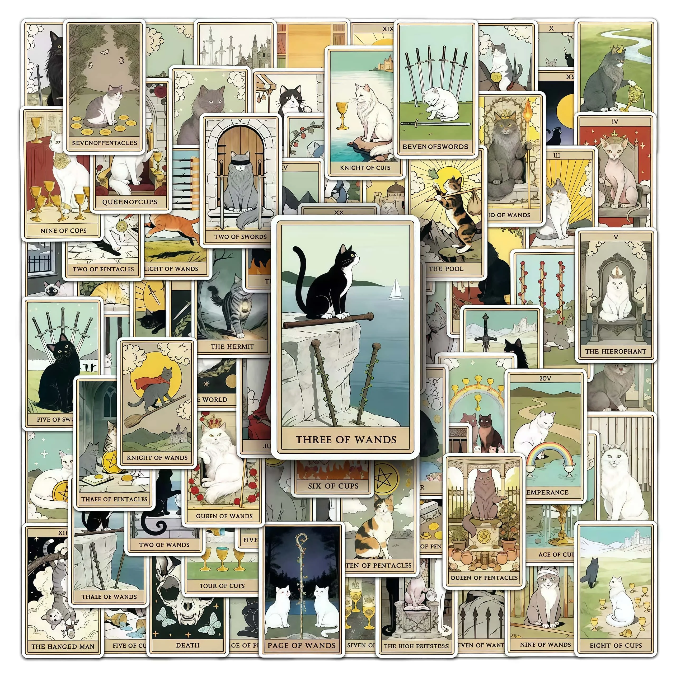 78Pcs Cute Cat Tarot Card Sticker Pack, Vintage Mystical Kitty Divination Pattern Decals for Laptop Water Bottle Journal diy