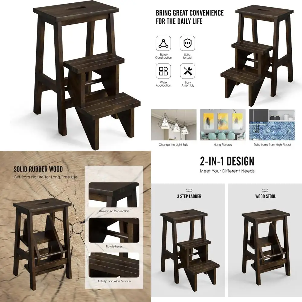 Multifunctional Wooden 3-Step Folding Ladder with Storage Shelf and Flower Rack