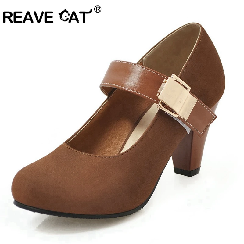 REAVE CAT Women\'s Pumps High heels Shoes Janes 7.5cm Spike heel Hook Mixed Color Round toe Flock Big Size 34-48 A1969