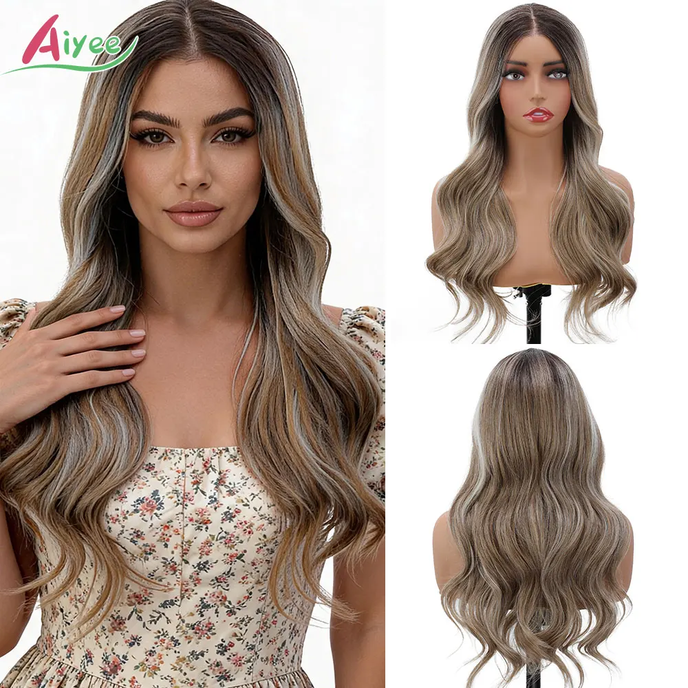 26 Inch Wavy T Lace Front Wig Rooted Ash Brown Ombre Blonde Heat Resistant Synthetic Hair Natural Hairline Hairpiece for Women