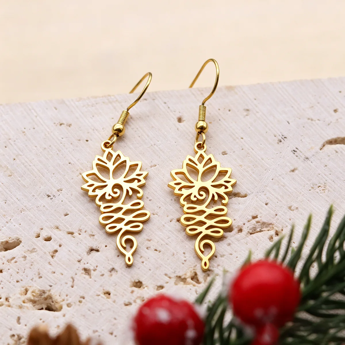 QIAMNI Stainless Steel Lotus Flower Drop Earrings Unalome Yoga Amulet Dangle Earring Christmas Spiritual Jewelry Birthday Gift