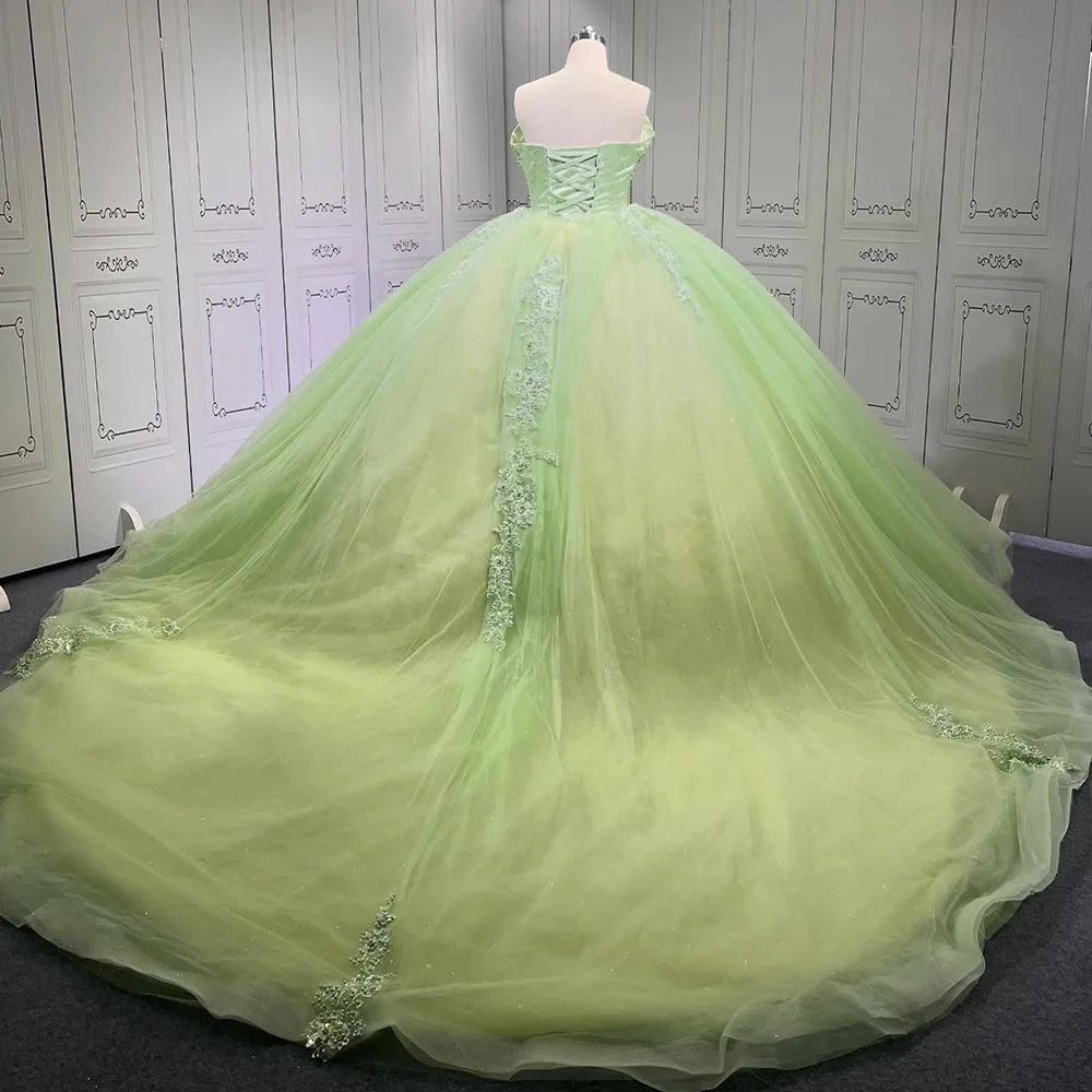 Sukienka Quinceañera na zamówienie, błyszcząca, zielona, balowa, bez rękawów, z cekinami, zdobiona koralikami, gorset, Sweet 16, Vestidos De 15 Años LSMU62