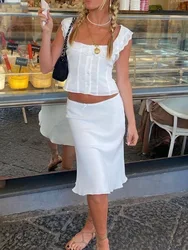 Foridol-Conjunto de encaje blanco para mujer, Top corto sin mangas y falda midi, vestido de verano Vintage elegante para vacaciones en la playa, 2024