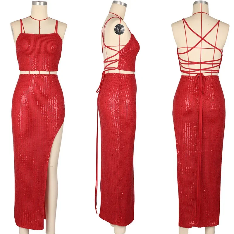 بريق مطرزة فستان ماكسي للحفلات مجموعات المرأة 2 قطعة الزي مثير نادي الدانتيل متابعة بروتيل المحاصيل الأعلى وتنورة طويلة مطابقة مجموعات