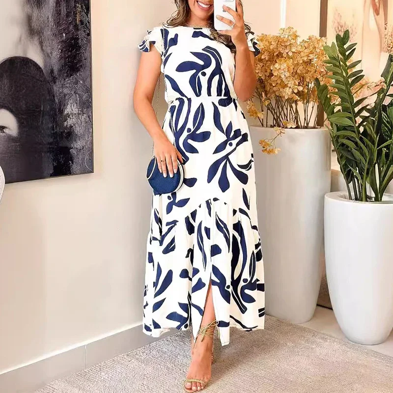 

Lady Casual Short Sleeve Loose Party Dress Elegant Pattern Print Elastic Waist Maxi Dress Fashion O-neck Split Draped Long Dress