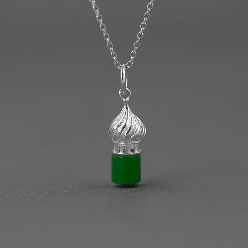 

925 Sterling Silver Natural Jade Religion Christian Church Pendant Necklace for Women Fashion Fine Jewelry