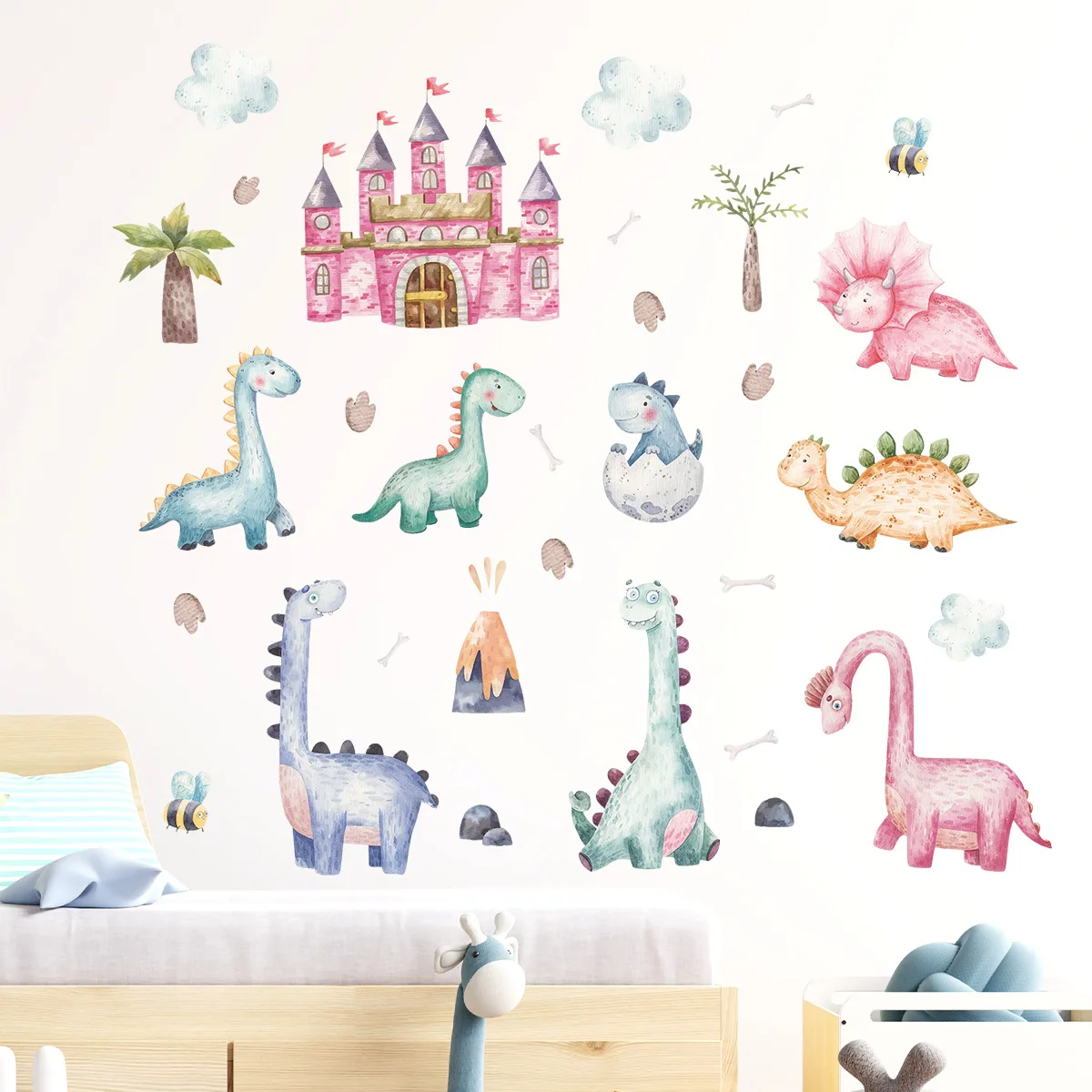 

Настенные самоклеящиеся наклейки с мультяшным розовым замком и мультидинозаврами для детской комнаты, детской спальни