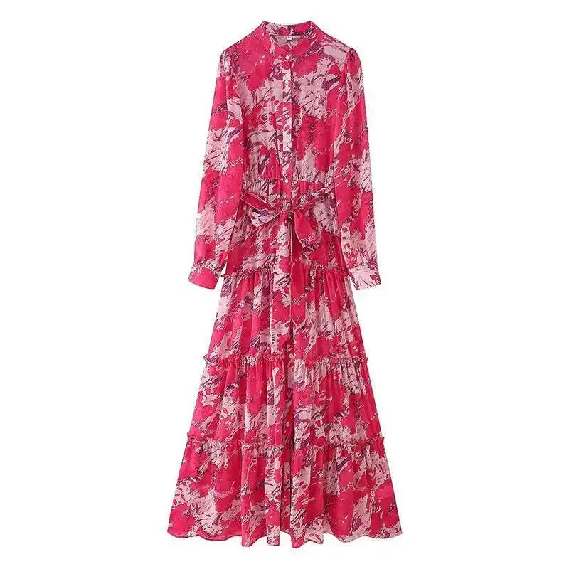 BabYoung Frühling 2025, Damen-Knopf vorne mit Gürteldruck, langes Hemd, Kleider, Stehkragen, A-E, schlank, Chiffon, Maxi, Vestidos