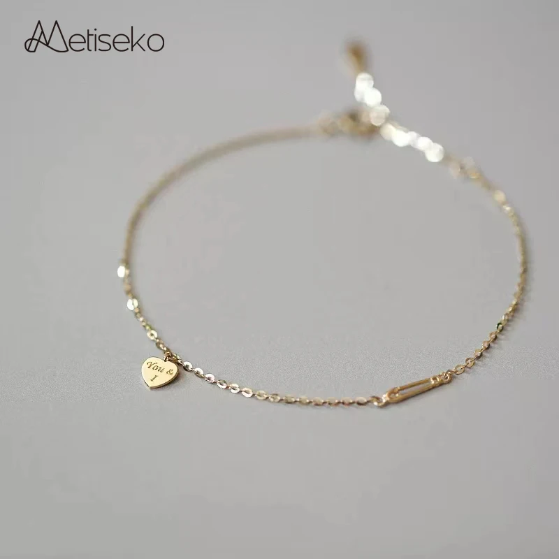 Metiseko 925 Sterling Silver Letter Heart Bracelet Paper Clip You and I Thin Chain Bracelet for Women