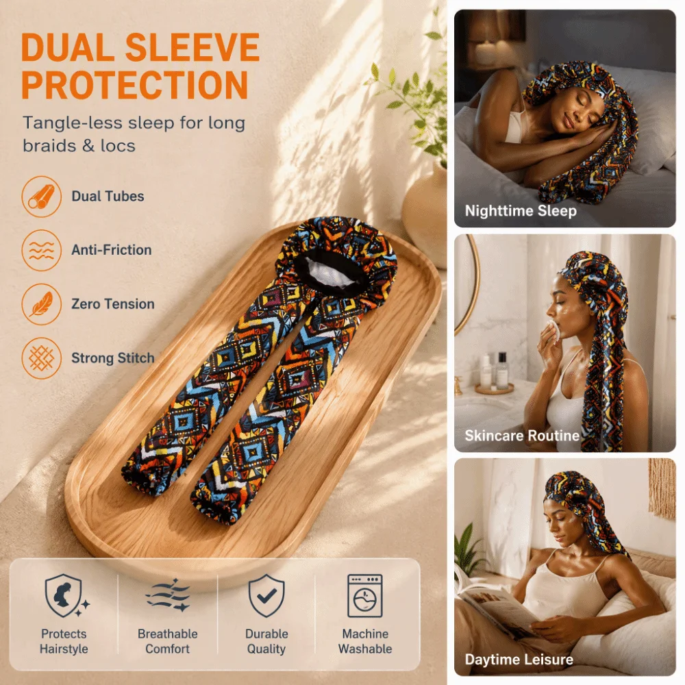 Low Friction Braid Bonnet Anti Frizz Breathable Long Hair Bonnet Double Layer Elastic Band Double Sleeve Bonnet Hair Protection