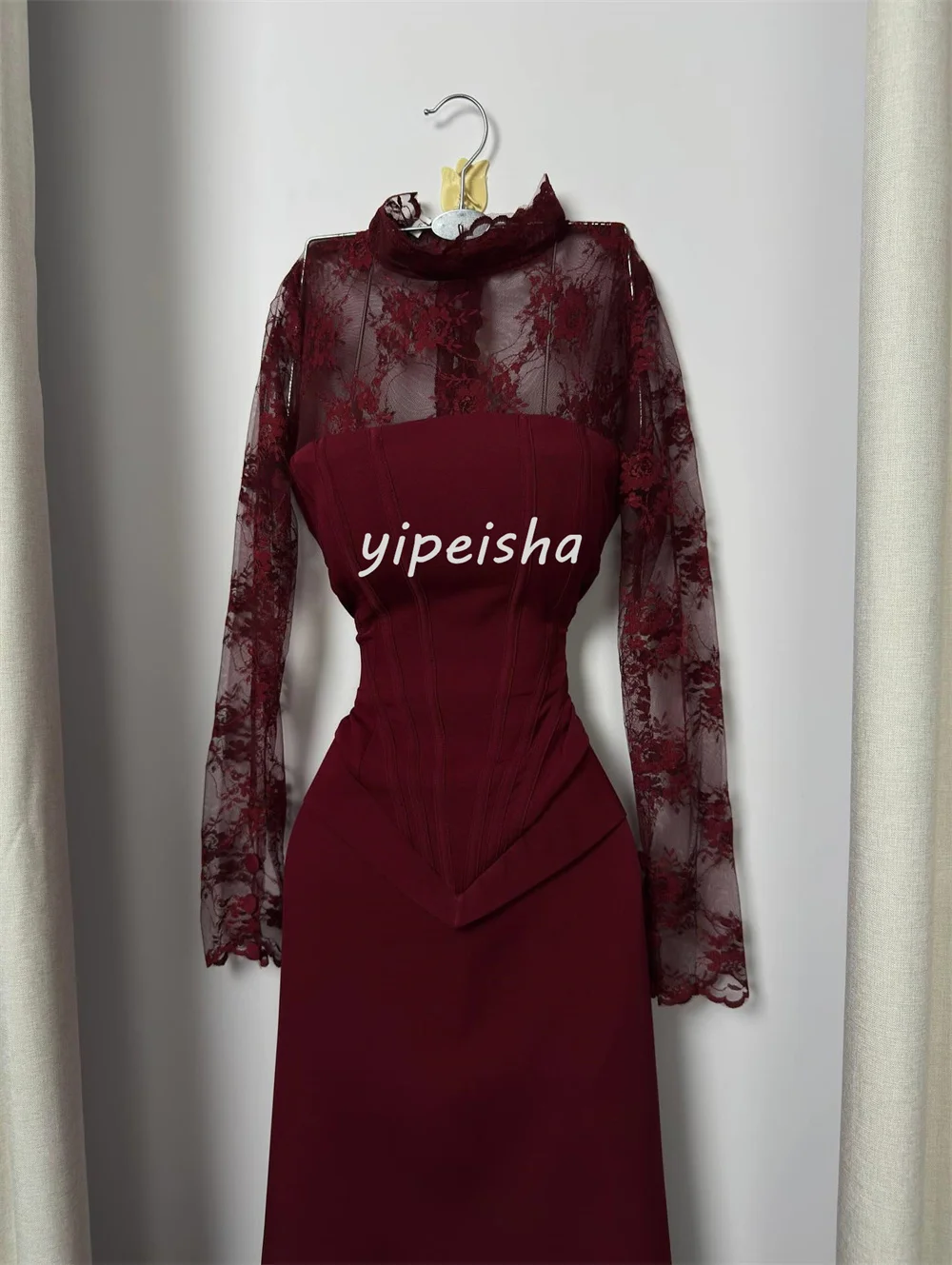 Customized Exquisite Sexy Jersey Pleat Button Lace Mermaid High Collar Long Dresses Bespoke Occasion Dresses Sizes Available