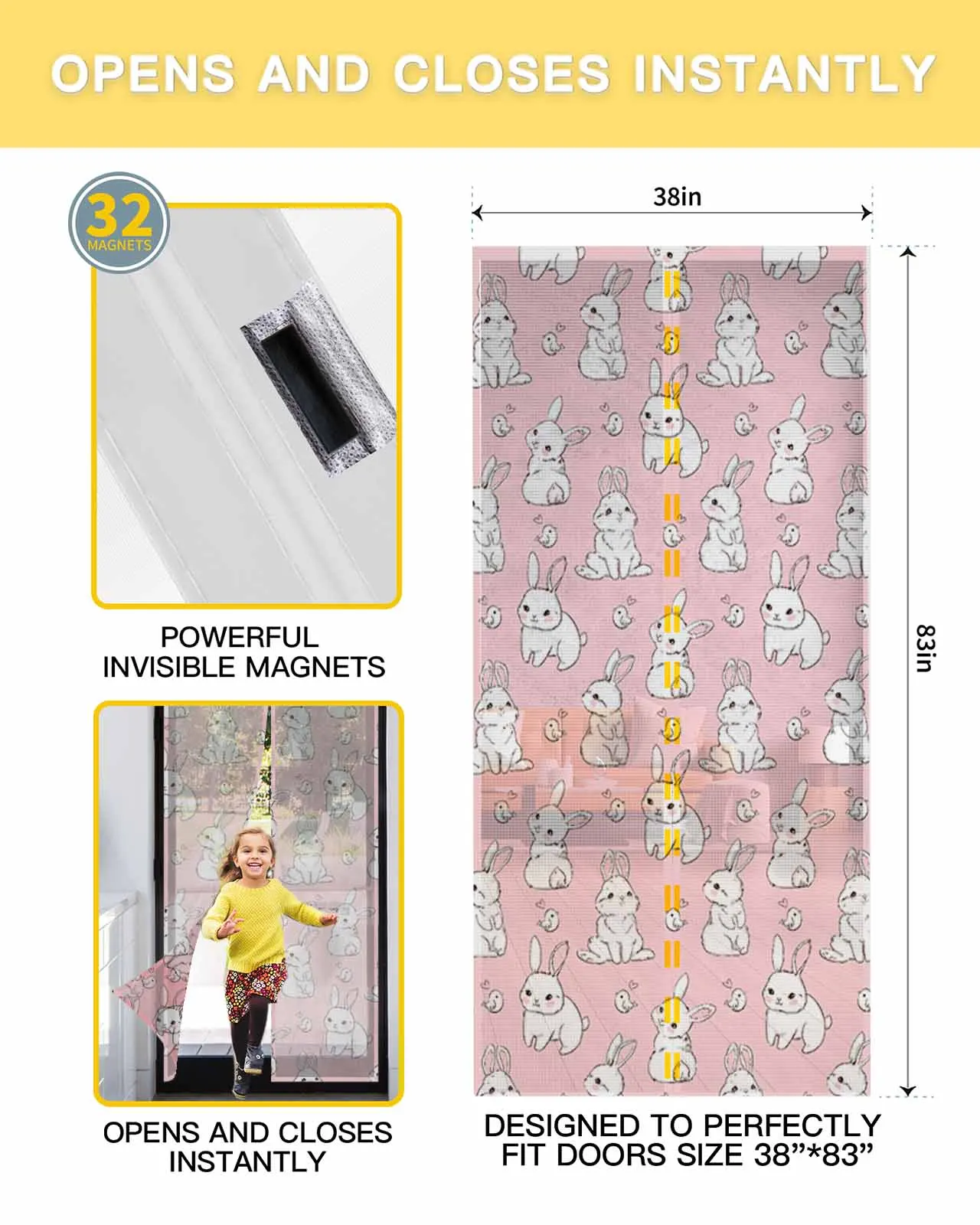 Pink Bunny Texture Summer Magnetic Door Curtain Living Room Bedroom Home Anti-mosquito Screen Door Curtain