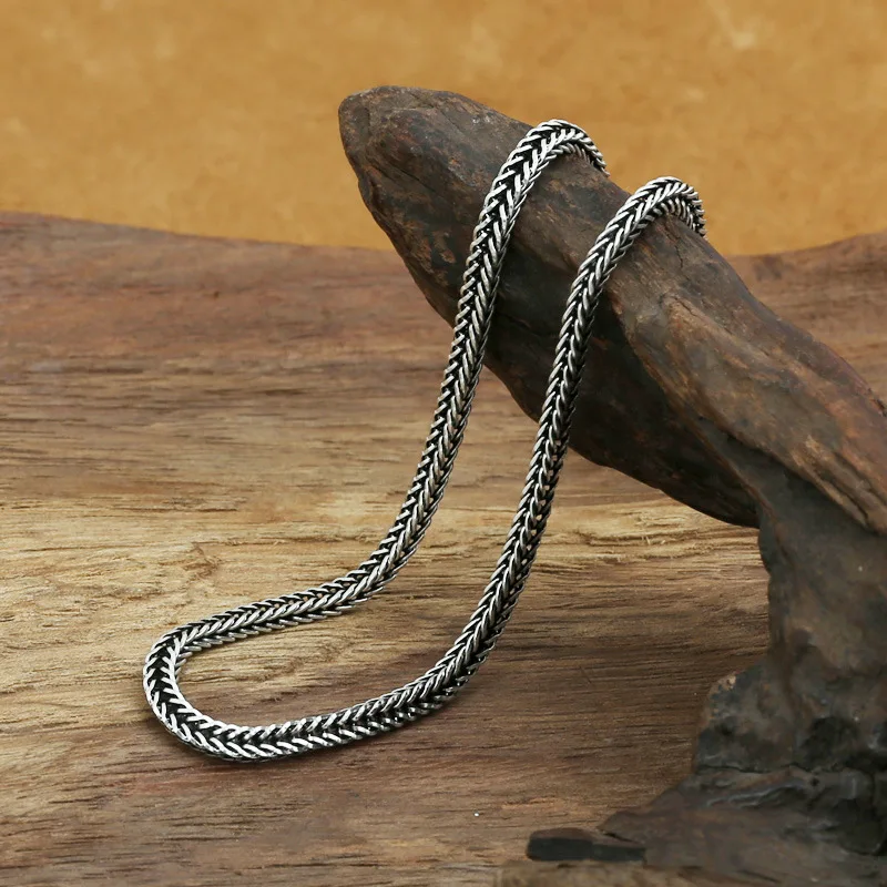 

925 Sterling Silver Fox Tail Pendant Necklace, Antique Thai Silver Finish, Woven Flat Chain
