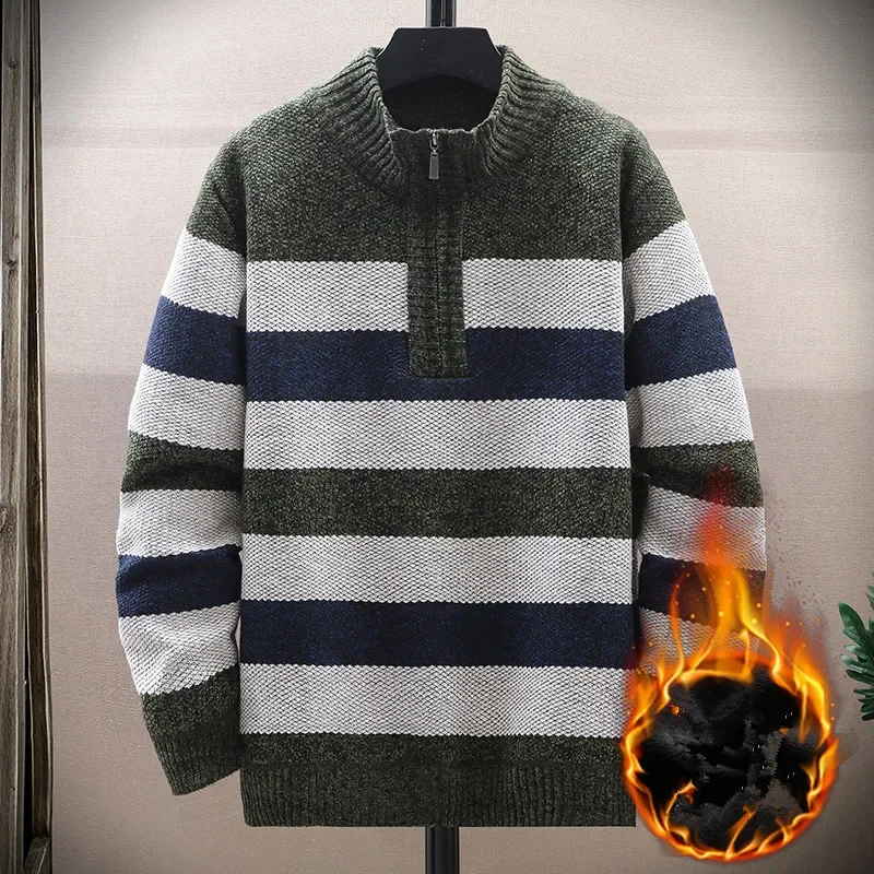 Autumn Winter Men's Stand Collar Knit Pullovers Fashion Striped Half Zipper Thick Fleece Knitted Sweater Men Casual Warm Sweater