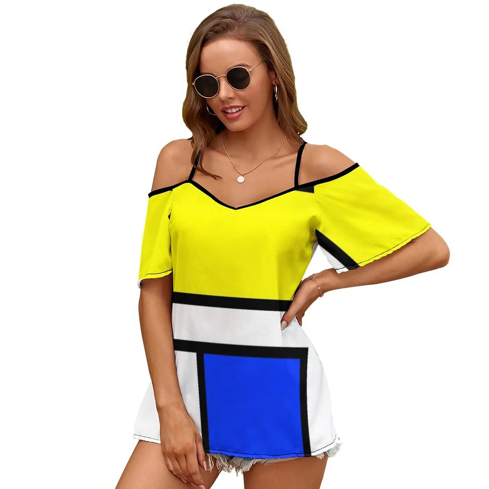 Mondrian Art Style Print O-Neck Off-The-Shoulder Top Short-Sleeved T-Shirt Ladies Streetwear Mondrian Style Art Mondrian Style