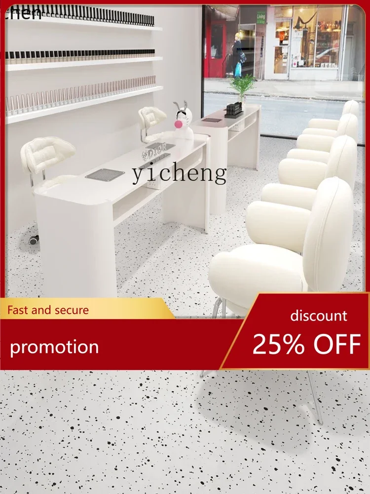 YFY New Upgraded Stainless Steel Cream Style Nail Table and Chair Set Embedded Vacuum Cleaner Socket Nail Table