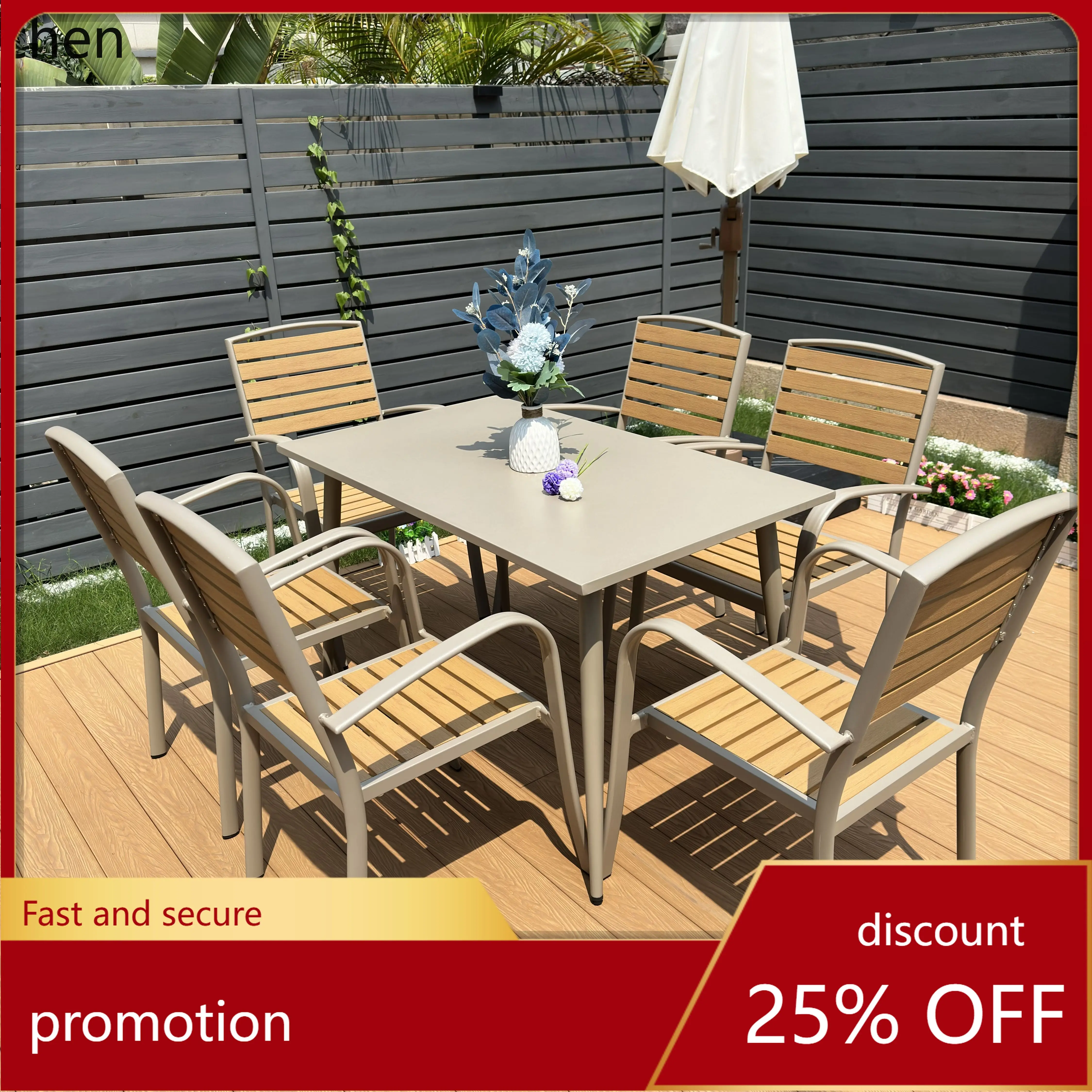 

HT outdoor carbon steel dining table plastic wood chair outdoor balcony combination sitting area negotiation table and chair set
