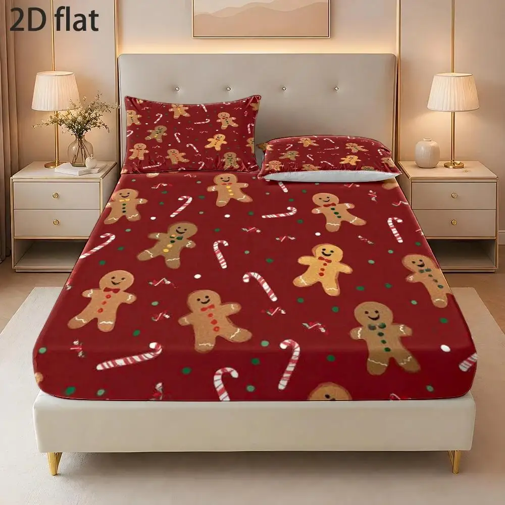 2D Gingerbread Man Joyful Pattern, Cartoon Cute Style 2D Three-Piece Bedding Set (Includes 1 Fitted Sheet + 2 Pillowcases) Mattress Protector, Fitted Elastic Style, Protective Cover, 2D Flat Printing, Mattress Protector, Christmas Limited Edition, Suitable for All Seasons, Machine Washable Design, Holiday Decoration, Various Sizes, Breathable Protective Cover with Pillowcase