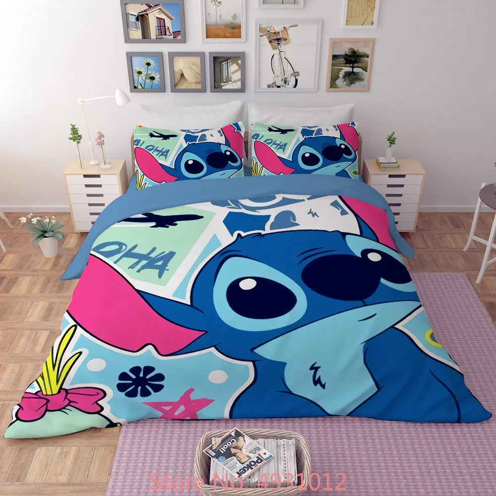 Disney Thicken Bedding Set Blue Lilo & Stitch Pattern Bedclothes Cartoon Baby Boys Girls Adult Thicken Duvet Cover Birthday Gift