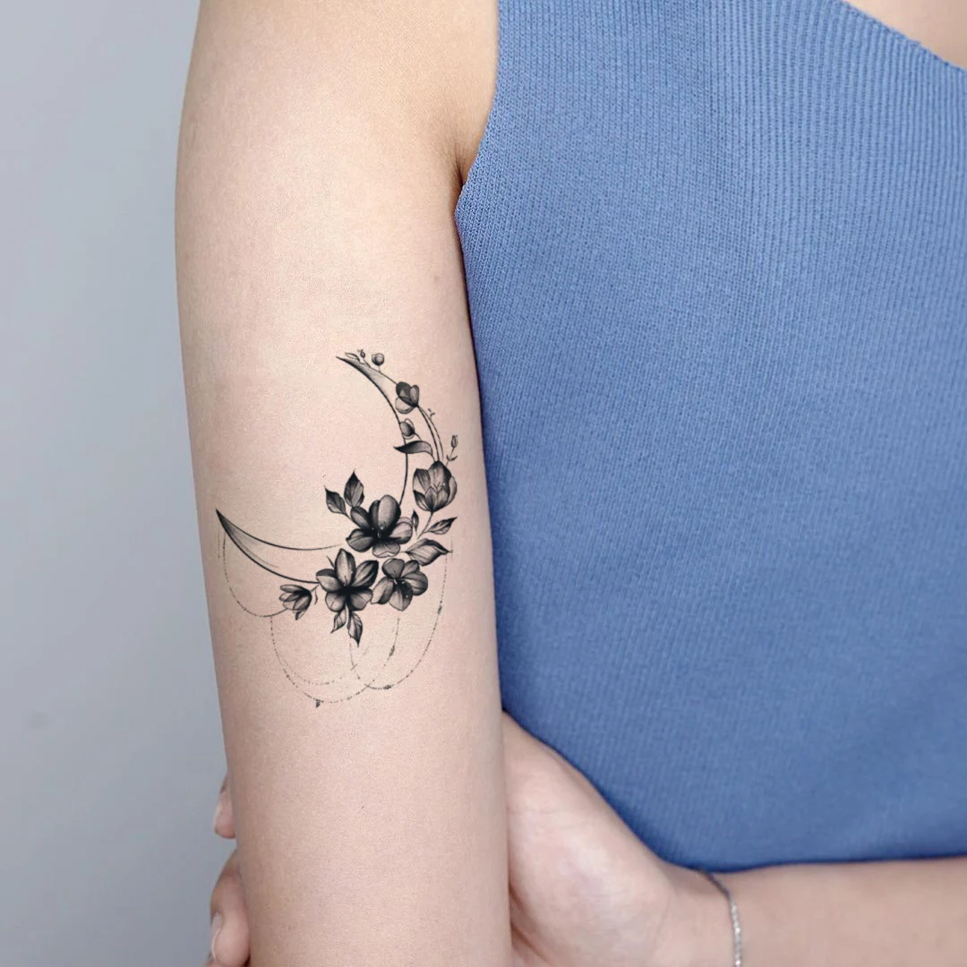 1pc Sweatpea Branch Fake Temporary Tattoos for Women Black Rose Moon Flower Tattoo Sticker Peony Lily Leaves Tatoos Body Art