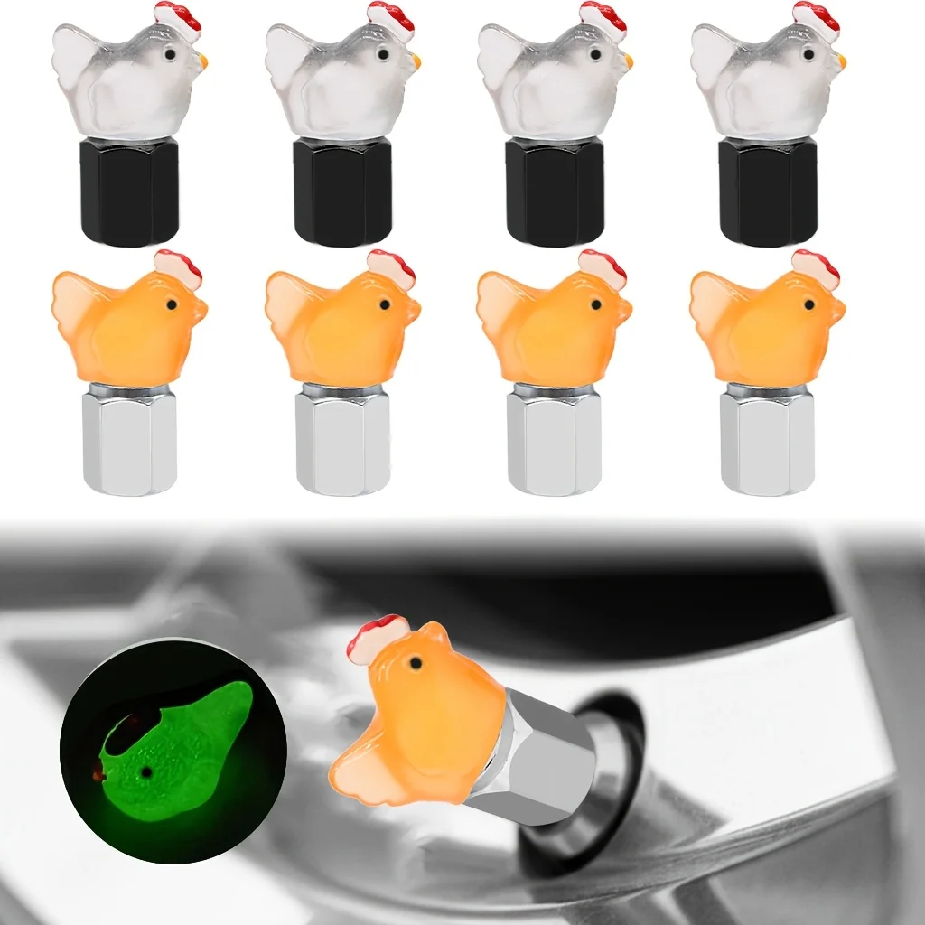 

8Pcs Glowing Chicken Tire Valve Stem Caps Cute Animal Wheel Air Caps Universal Car Bike Motorcycle Tire Accessories