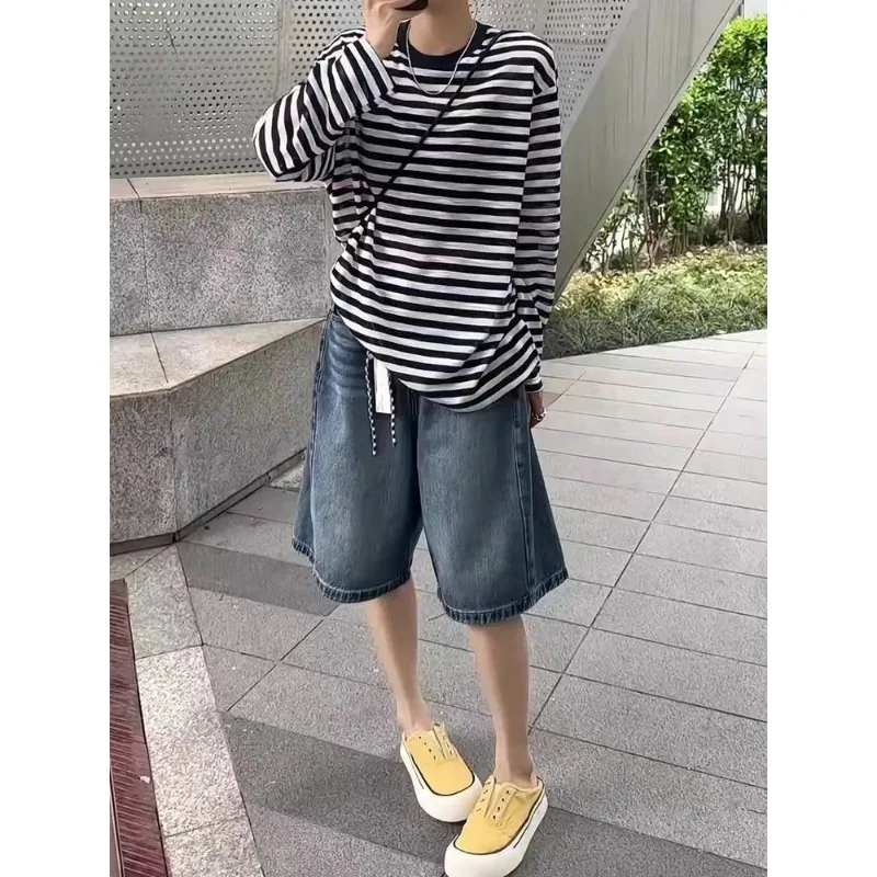 Menina retro perna larga shorts verão unisex azul denim calças cortadas das mulheres bezerro-comprimento jeans feminino cintura alta capris calças