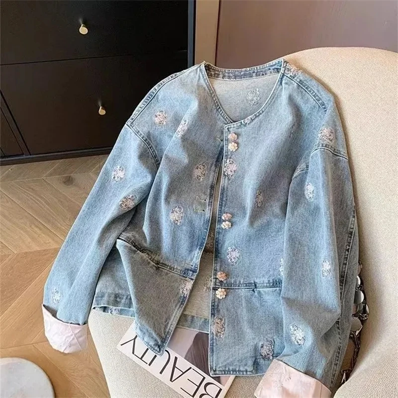 

Spring Autumn New Women Denim Jacket Design Sense Age-reducing Outerwear Jacquard Single-breasted Female Cowboy Coat