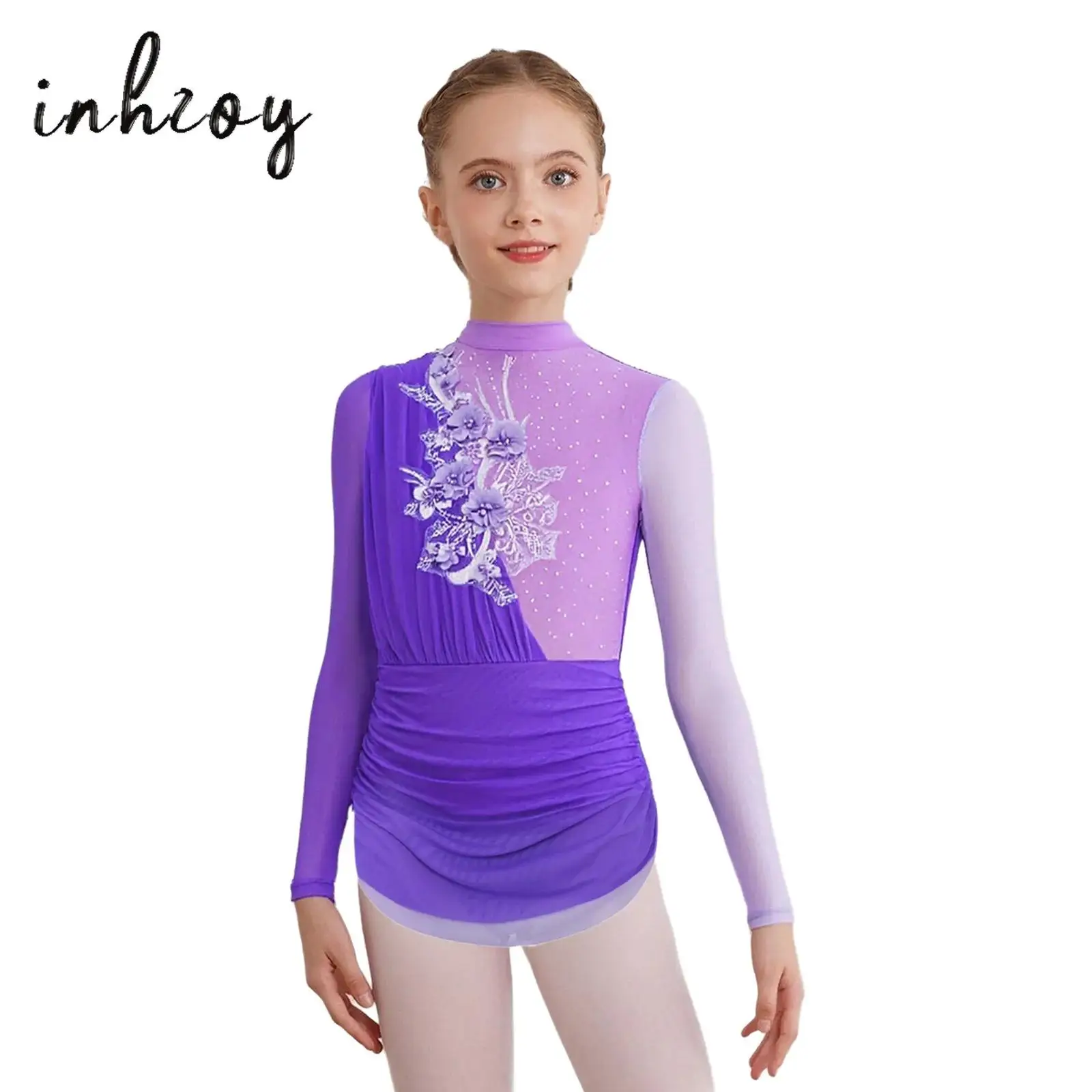 

Kids Girls Figure Skating Ballet Dance Bodysuit Shiny Rhinestones Applique Long Sleeves Color Block Ruched Skirts Leotard Dress