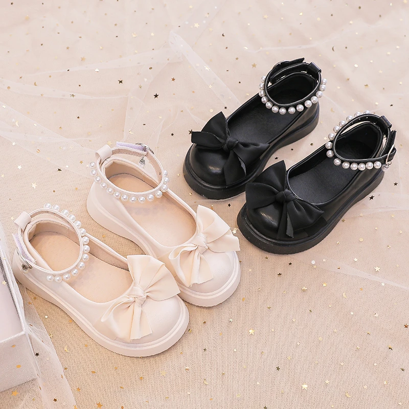 Girls Leather Shoes for Wedding Party Kids Flats Pearls Ankle Strap Shoes Children Sweet Princess School Shoes 2024 Autumn Brand