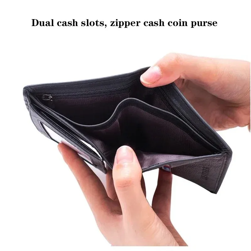3-Fold Business Purse with Zipper Pocket & Multi-Card Slots Genuine Leather Men's RFID Blocking AntiTheft Wallet