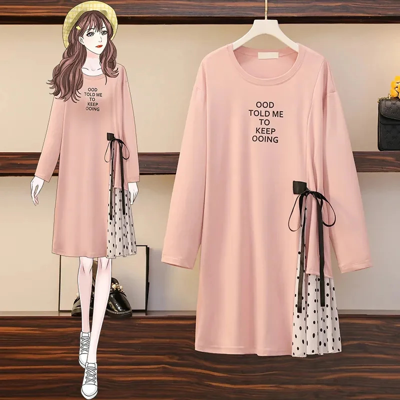 Large Size Women's Dress 2025 Spring Summer New Stitching Long-Sleeved Bottoming Shirt Fashion Coat Fat MM Vestidos Female Tops