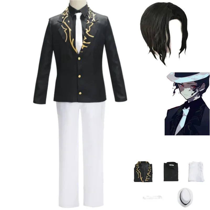 2025 aaa Anime Kibutsuji Muzan Cosplay Costume Wig Black Coat Uniform Shirt Formal Hat Full Set Man Woman Carnival Christmas Sui