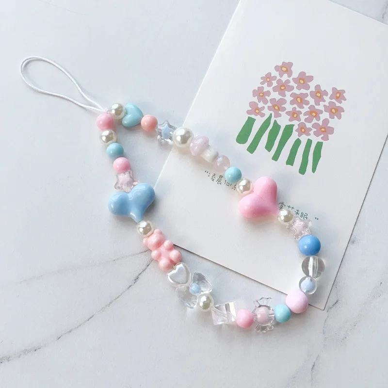 

Bear Bead Phone Chain Cute Charms Keychain Wristband Strap Girl Woman Cellphone Flower Lanyard