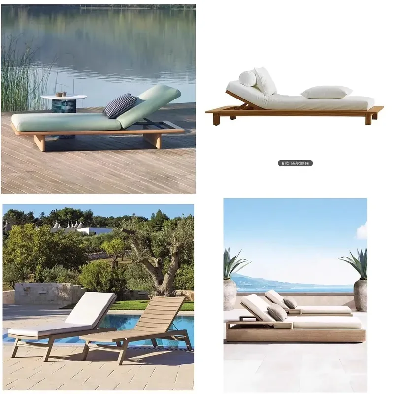 Adjustable Courtyard Sun Loungers Hotel Garden Poolside Teak Wooden Loungers Vacation Leisure Outdoor Loungers Beach Chairs