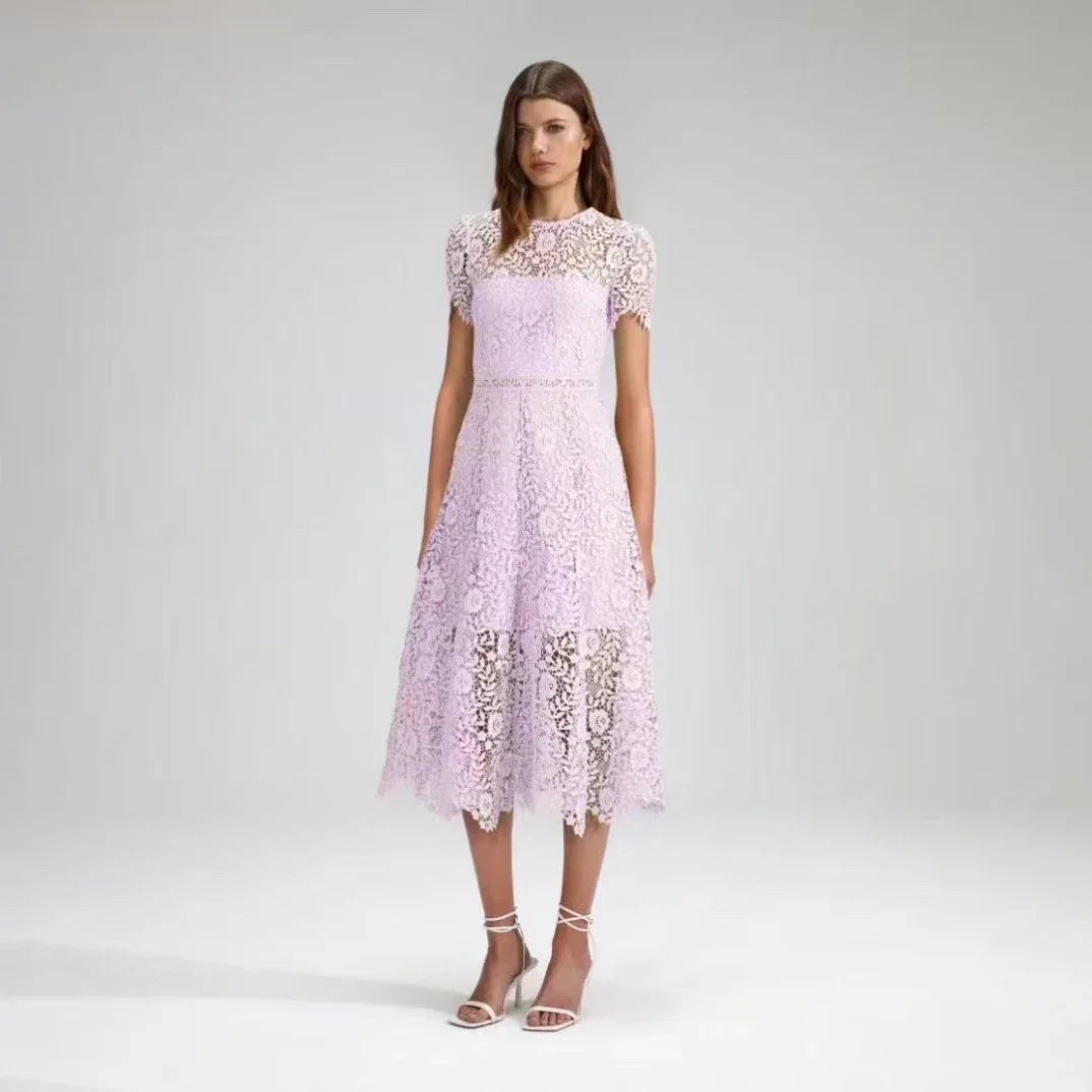 2023 elegante Haken Blume hohl Vintage weiß rosa feste Spitze Gürtel Kurzarm Taille Midi Dress stop Qualität für Frau