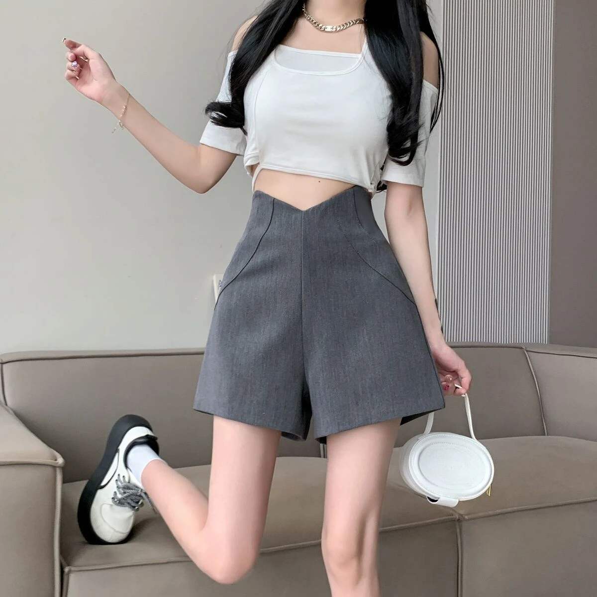 

Woman Suit with Short Pants Grey Wide High Waist Irregular Shorts for Women Aesthetic Wholesale Elegant Harajuku Fashion To Wear