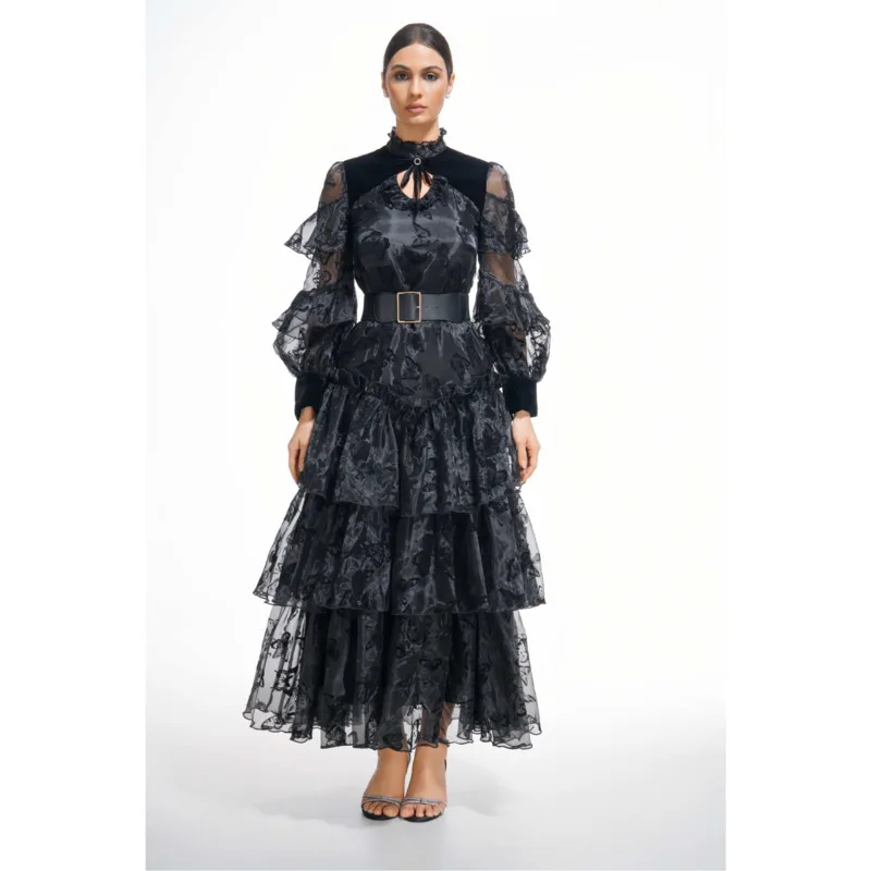 

VIBE Fashion Women's Black Lolita Dress Personality Niche Long Sleeve Loose Elegant Cake Organza Dress 2025 New Clothing